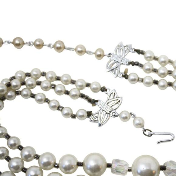 Vintage 3 Strand Pearl Crystal Necklace Clip On Earring Set Original Box Japan - Picture 6 of 8